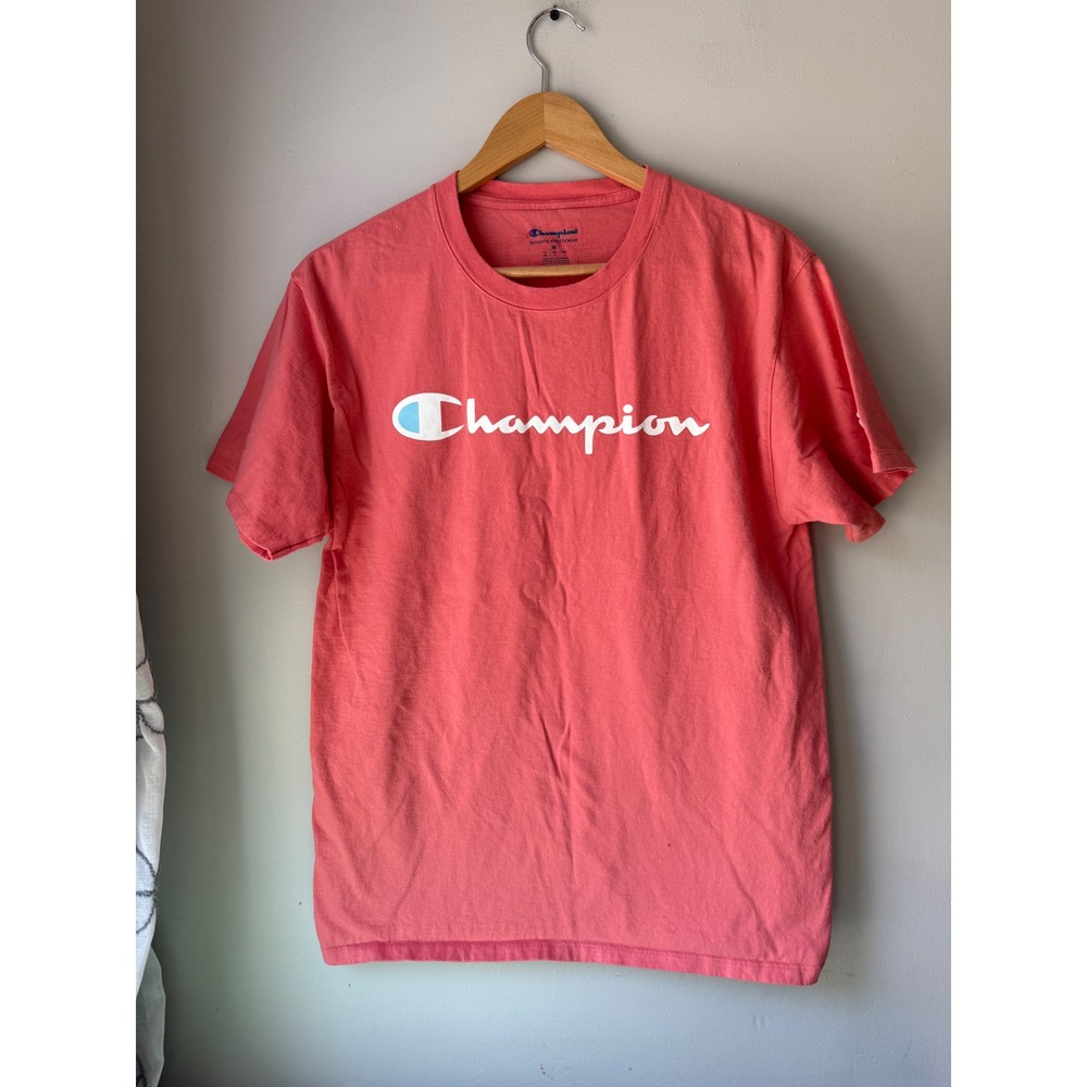 Champion Mens Authentic Athleticwear Script Logo T-Shirt Coral Pink Size M‎